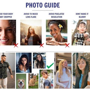 May include: A photo guide with examples of good and bad photos for online listings. The guide shows examples of photos that are cropped too tightly, have too much lens flare, are pixelated, and are blurry. The guide also shows examples of photos that are well-composed and clear.