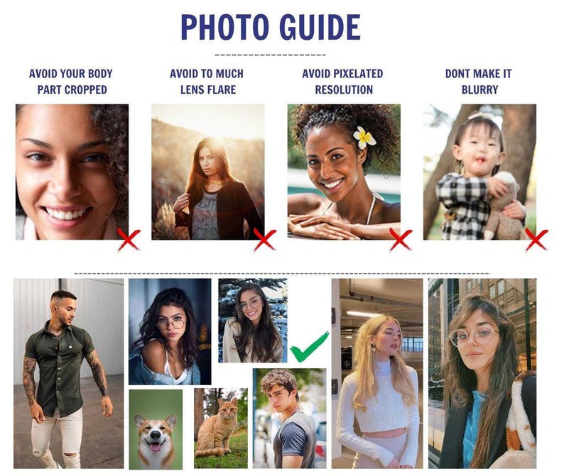 May include: A photo guide with examples of good and bad photos for online listings. The guide shows examples of photos that are cropped too tightly, have too much lens flare, are pixelated, and are blurry. The guide also shows examples of photos that are well-composed and clear.