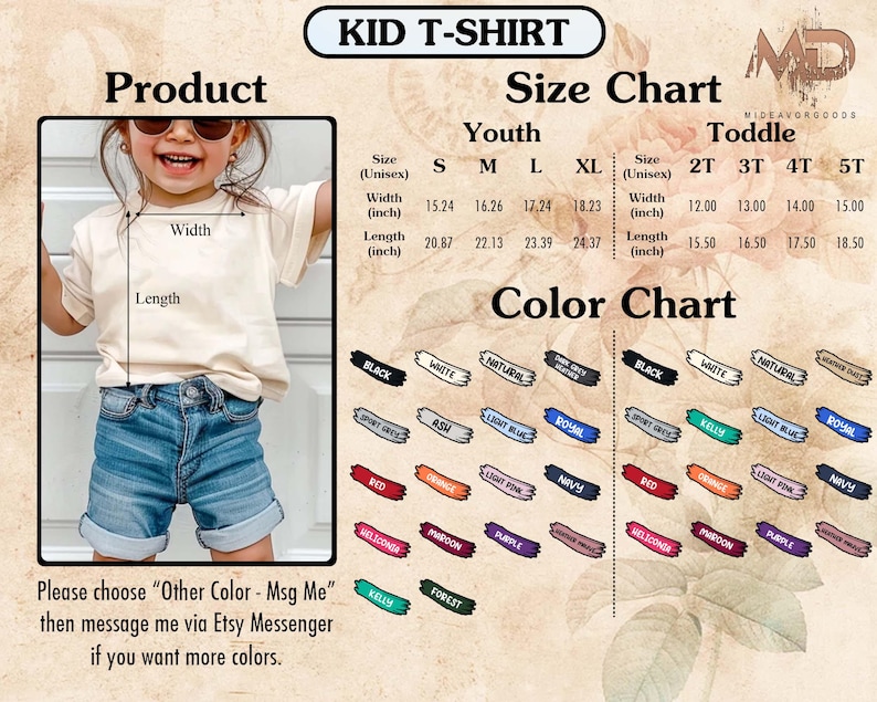 Może przedstawiać: Biała koszulka dziecięca z tabelą rozmiar&oacute;w dla dzieci i niemowląt. Tabela pokazuje szerokość i długość w calach dla każdego rozmiaru. Tabela kolor&oacute;w pokazuje r&oacute;żne kolory koszulki.