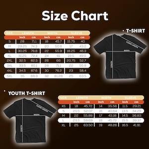 May include: Size chart for t-shirts and youth t-shirts. The chart shows measurements in inches and centimeters for length, width, and sleeve length.  Sizes range from XS to 5XL.