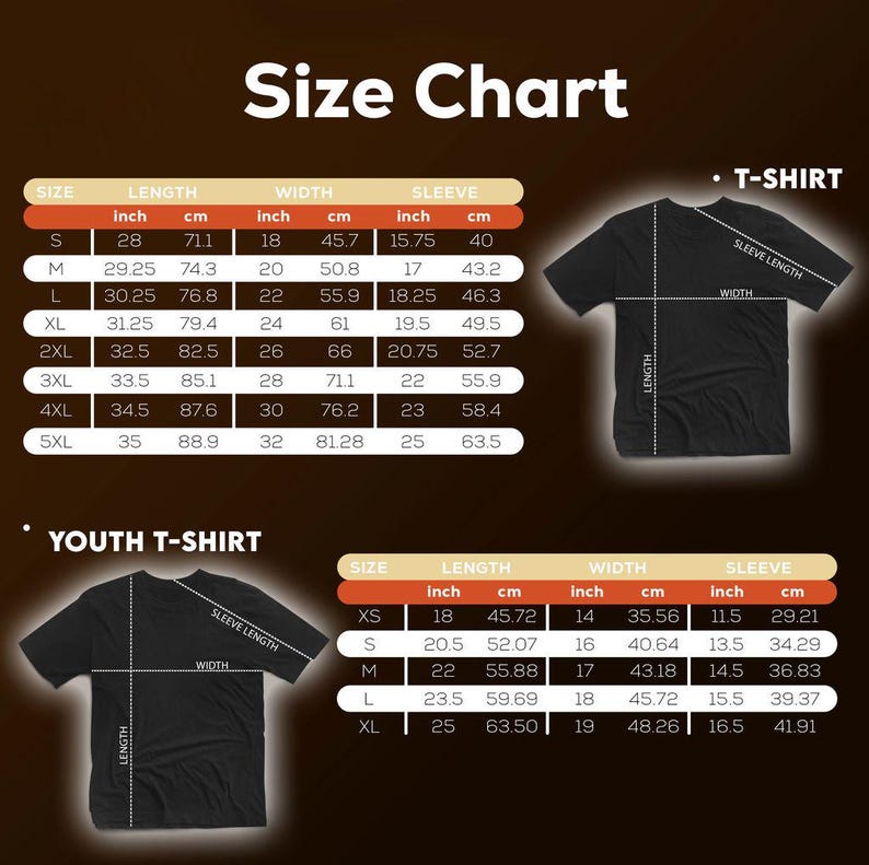 May include: Size chart for t-shirts and youth t-shirts. The chart shows measurements in inches and centimeters for length, width, and sleeve length.  Sizes range from XS to 5XL.