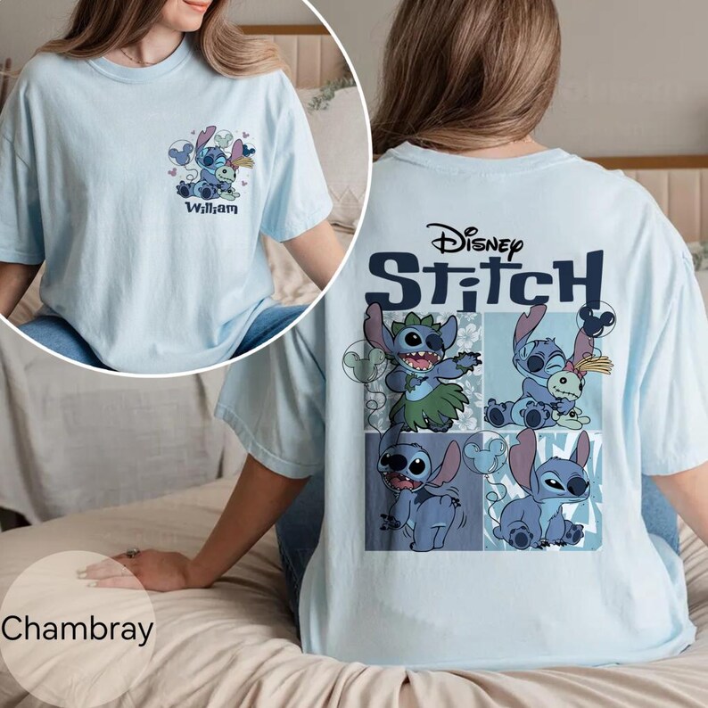 May include: Pale blue t-shirt featuring Disney's Stitch. The front has a small Stitch graphic with the name "William". The back displays a larger Stitch design with the Disney Stitch logo and multiple Stitch illustrations in a grid.