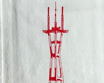 Sutro Tower Kitchen Towel, Tea Towel, San Francisco Flour Sack Dishtowel, Screenprinted in Red Ink, Flour Sack Cotton