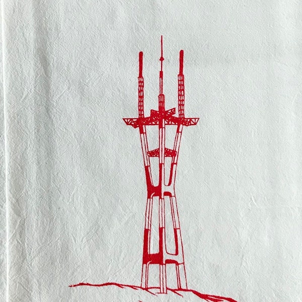 Sutro Tower Kitchen Towel, Tea Towel, San Francisco Flour Sack Dishtowel, Screenprinted in Red Ink, Flour Sack Cotton