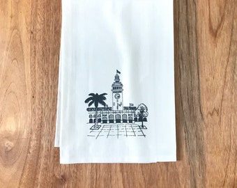 Ferry Building Screenprinted Tea Towel, San Francisco Dishtowels, Flour Sack Kitchen Towel, 100% Cotton