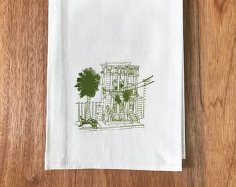 San Francisco Kitchen Towel with Charming Victorian House Screenprint in Green Ink - gift idea