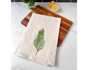 Cedar Tree Tea Towel, Botanical Kitchen Towel, Flour Sack Cotton Kitchen Towel, Botanical Print Flour Sack Dishtowel