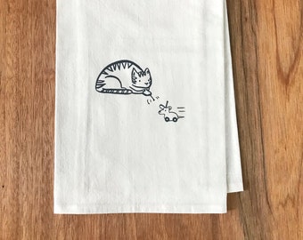 Screenprinted Cat Kitchen Towel: Flour Sack Cotton Dishtowel