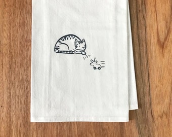 Cute and Functional Cat Dish Towel - Grey Cat Screenprint on Flour Sack Cotton