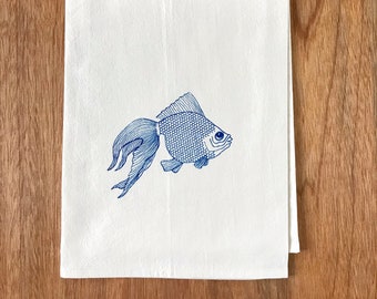 Goldfish Print Kitchen Towel: Hand-Printed Flour Sack Cotton Dishtowel