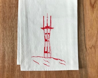 Sutro Tower Kitchen Towel, Tea Towel, San Francisco Flour Sack Dishtowel, Screenprinted in Red Ink, Flour Sack Cotton