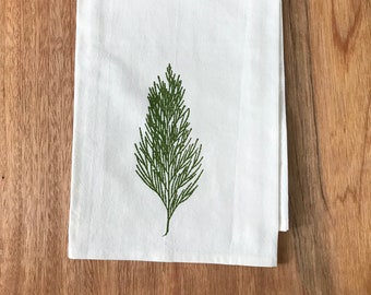 Cedar Tree Tea Towel, Botanical Kitchen Towel, Flour Sack Cotton Kitchen Towel, Botanical Print Flour Sack Dishtowel