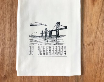 Bay Bridge Kitchen Dishtowel, San Francisco Art, Flour Sack Tea Towel, Screenprint in grey ink