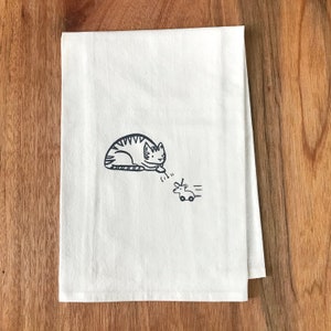Cute and Functional Cat Dish Towel - Grey Cat Screenprint on Flour Sack Cotton