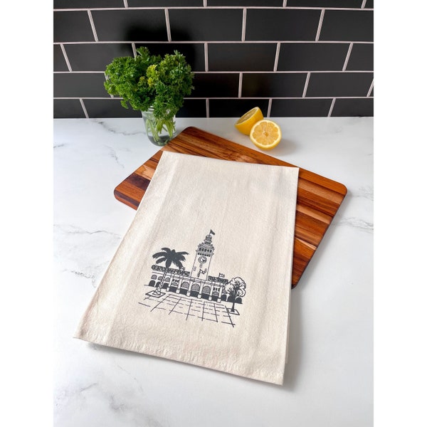 Ferry Building Screenprinted Tea Towel, San Francisco Dishtowels, Flour Sack Kitchen Towel, 100% Cotton