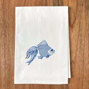Fish Kitchen Towel, Goldfish Print Tea Towel, Hand Printed Kitchen Towel, Flour Sack Cotton Dishtowels, Screenprinted in blue ink
