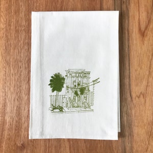 San Francisco kitchen towel , Victorian House screenprint in green ink, Flour Sack Cotton Dishtowel image 1