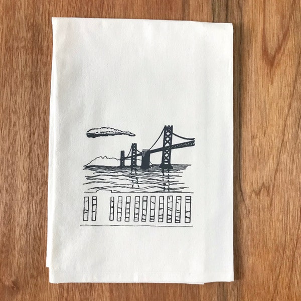 Bay Bridge Kitchen Dishtowel, San Francisco Art, Flour Sack Tea Towel, Screenprint in grey ink