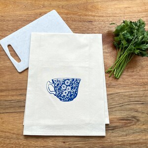 Tea Cup Kitchen Dishtowel, Natural Flour Sack Towel, Tea Towel, Screenprinted in Blue Ink, Flour Sack Cotton Dishtowel