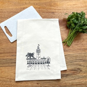 Ferry Building Screenprinted Tea Towel, San Francisco Dishtowels, Flour Sack Kitchen Towel, 100% Cotton