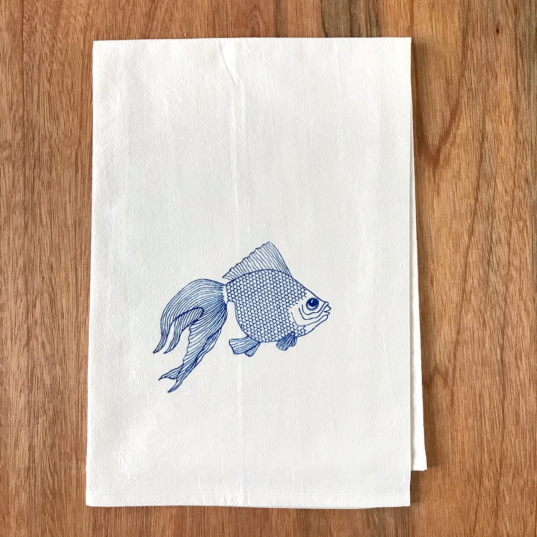 Fish Kitchen Towel, Goldfish Print Tea Towel, Hand Printed Kitchen