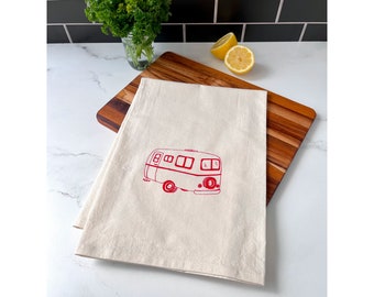 Scamp Camper Kitchen Towel, Travel Trailer Tea Towel, Flour Sack Cotton Dishtowel, Screenprinted in red ink