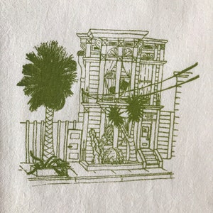 San Francisco kitchen towel , Victorian House screenprint in green ink, Flour Sack Cotton Dishtowel image 2