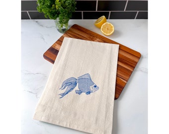 Fish Kitchen Towel, Goldfish Print Tea Towel, Hand Printed Kitchen Towel, Flour Sack Cotton Dishtowels, Screenprinted in blue ink