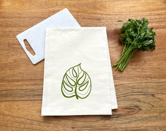 Screenprinted Flour Sack Cotton Dishtowel with Monstera Leaf Print – Botanical Kitchen Towel