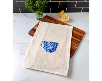 Tea Cup Kitchen Dishtowel, Natural Flour Sack Towel, Tea Towel, Screenprinted in Blue Ink, Flour Sack Cotton Dishtowel