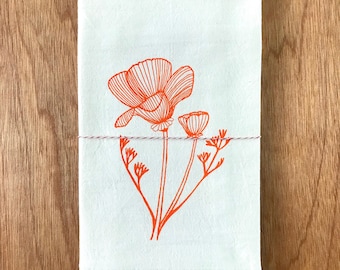 Hand-Printed "California Poppy Dreams" Flour Sack Cotton Dishtowel
