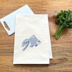 Fish Kitchen Towel, Goldfish Print Tea Towel, Hand Printed Kitchen Towel, Flour Sack Cotton Dishtowels, Screenprinted in blue ink
