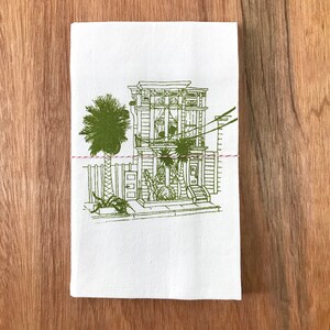 San Francisco kitchen towel , Victorian House screenprint in green ink, Flour Sack Cotton Dishtowel image 7