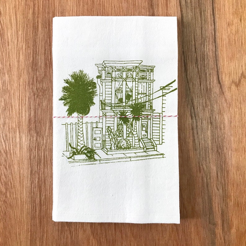 San Francisco kitchen towel , Victorian House screenprint in green ink, Flour Sack Cotton Dishtowel image 7