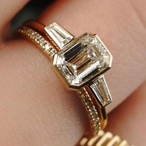 Handmade 2.10 Ct Emerald Cut Moissanite Bridal Set: Platinum Bezel Ring