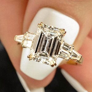 2.40 Ct Emerald Cut Moissanite Engagement Ring: Platinum Art Deco Hidden Halo