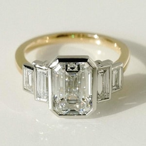2.10 Ct Emerald Cut Moissanite Engagement Ring, Emerald Cut Ring, Moissanite Engagement Ring, Five Stone Emerald Cut Ring