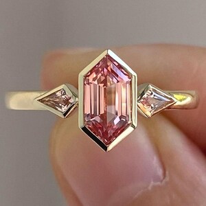 Moissanite Ring, Engagement Ring, Wedding Ring, Anniversary Ring, 950 Platinum, Platinum Ring, Rings, Jewelry, Personalized Ring, Hexagon Cut Ring, Pink Hexagon Ring, Three Stone Ring, Pink Moissanite Ring