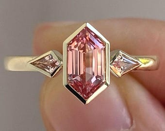 Pink 2.25 Ct Hexagon Cut Moissanite Engagement Ring, Hexagon Cut Ring, Moissanite Engagement Ring, Three Stone Ring.
