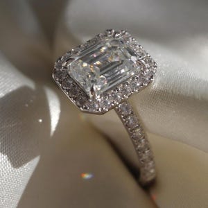 3 Ct Emerald Cut Moissanite Engagement Ring: Platinum Hidden Halo