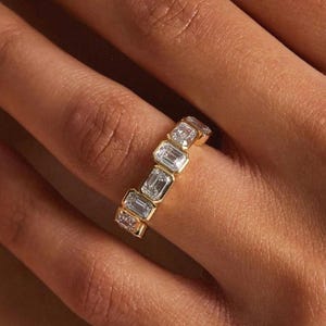 Bezel Set 3.30 Ct Emerald Cut Wedding Band Women Moissanite Band Emerald Moissanite Stacking Band