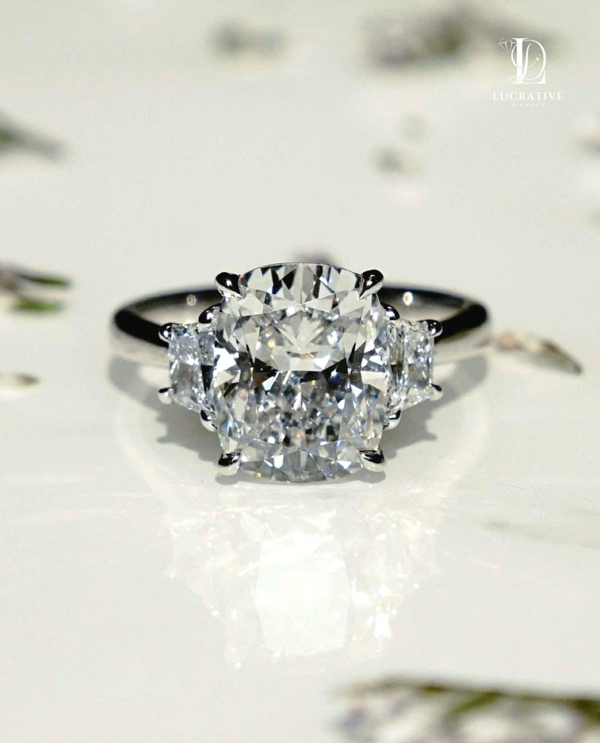 Platinum Three Stone Lab Grown Engagement Ring: 4.17 Ct Cushion
