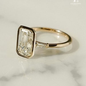 2.20 Ct Emerald Cut Moissanite Engagement Ring, Emerald Cut Ring, Moissanite Engagement Ring, Three Stone Emerald Cut Ring.