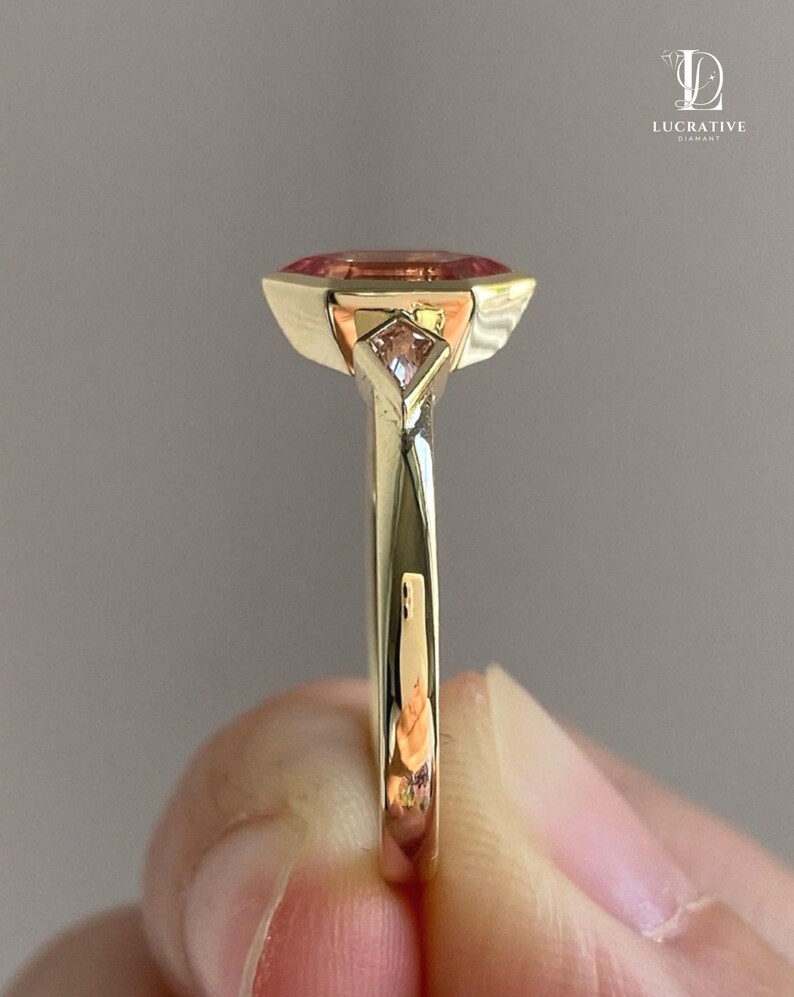 Moissanite Ring, Engagement Ring, Wedding Ring, Anniversary Ring, 950 Platinum, Platinum Ring, Rings, Jewelry, Personalized Ring, Hexagon Cut Ring, Pink Hexagon Ring, Three Stone Ring, Pink Moissanite Ring