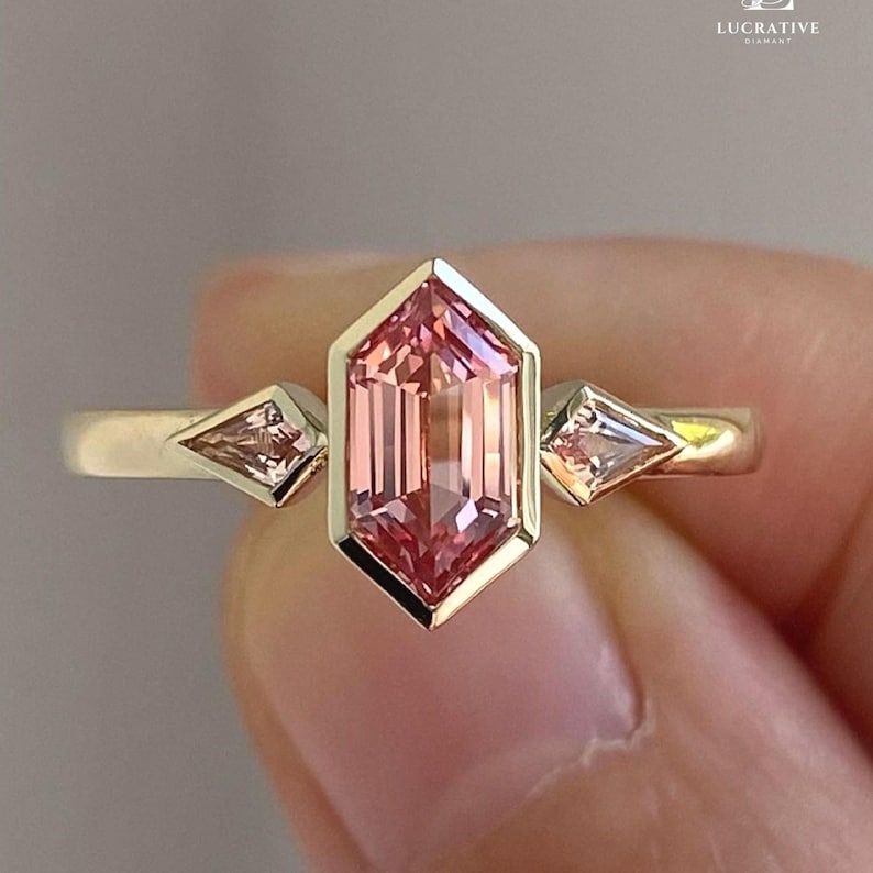 Moissanite Ring, Engagement Ring, Wedding Ring, Anniversary Ring, 950 Platinum, Platinum Ring, Rings, Jewelry, Personalized Ring, Hexagon Cut Ring, Pink Hexagon Ring, Three Stone Ring, Pink Moissanite Ring