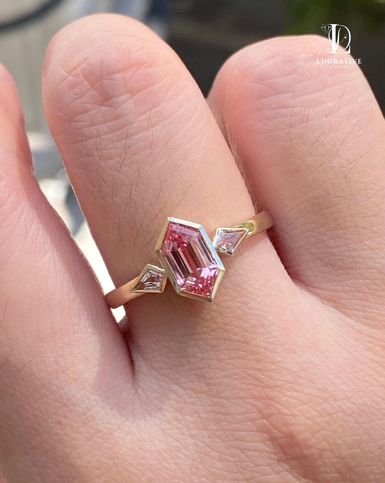 Moissanite Ring, Engagement Ring, Wedding Ring, Anniversary Ring, 950 Platinum, Platinum Ring, Rings, Jewelry, Personalized Ring, Hexagon Cut Ring, Pink Hexagon Ring, Three Stone Ring, Pink Moissanite Ring