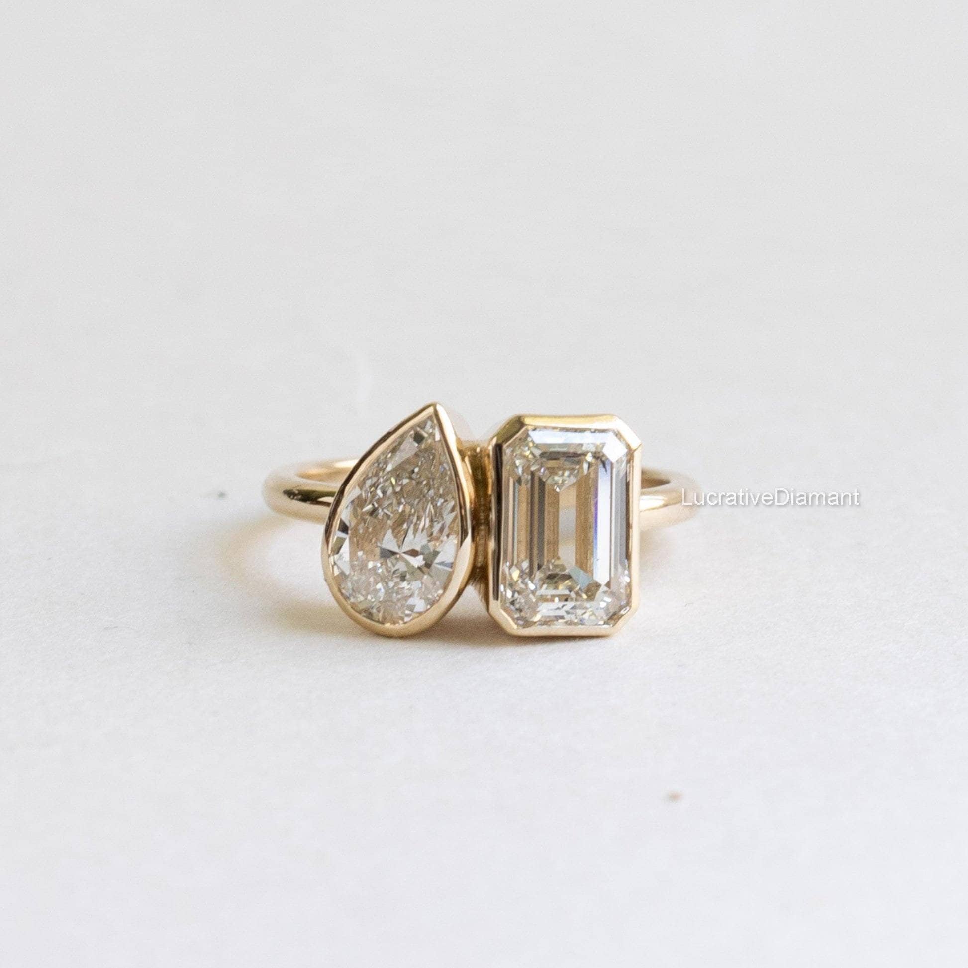 14K Solid Gold Pear Cut & Emerald Cut Moissanite Engagement Ring, Toi et Moi Bezel Promise Ring, Valentine's Day, Anniversary Gift for Her