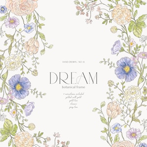 Puede incluir: Un diseño de marco botánico con la palabra "DREAM" en el centro. El marco presenta flores dibujadas a mano en colores pastel, incluyendo azul, rosa y amarillo, con hojas verdes. El texto "HAND DRAWN - NO AI" está en la parte superior.