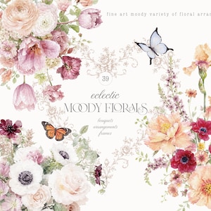 May include: A collection of floral illustrations featuring pink, peach, and white flowers, including peonies, ranunculus, and anemones, accented by three butterflies. The text reads: fine art moody variety of floral arrangements, 39, eclectic MOODY FLORALS, bouquets arrangements frames.