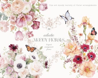 May include: A collection of floral illustrations featuring pink, peach, and white flowers, including peonies, ranunculus, and anemones, accented by three butterflies. The text reads: fine art moody variety of floral arrangements, 39, eclectic MOODY FLORALS, bouquets arrangements frames.